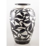 Large contemporary pottery vase, scrolling leaf design, monochrome, 47cm high.