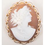 A cameo brooch, the oval carved shell cameo of a female profile 40mm x 30mm,