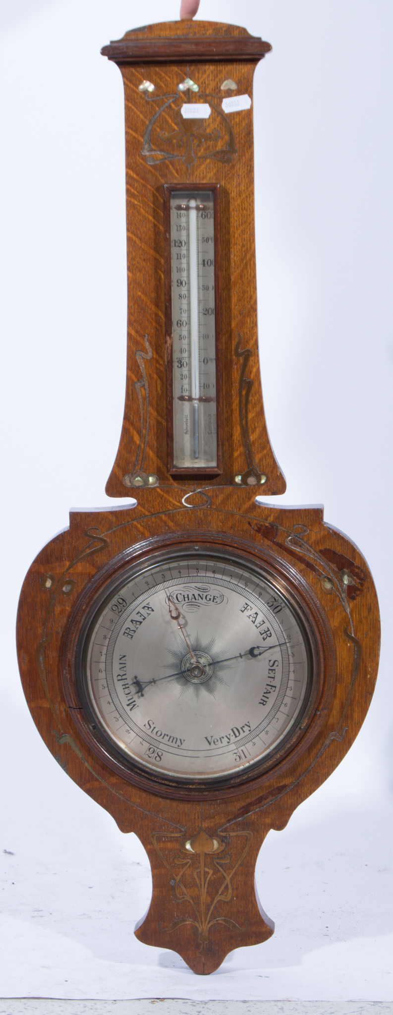 Edwardian inlaid oak aneroid barometer, Art Nouveau style, 87cm.