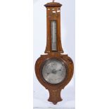 Edwardian inlaid oak aneroid barometer, Art Nouveau style, 87cm.