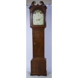 Oak long-case clock, the hood with a swan-neck pediment, and turned columns, long arched door,