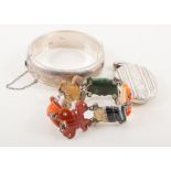 Silver bangle, locket, and polished agate bracelet,