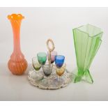 Assorted glassware, including printed beakers 50s/60s, press moulded deco glass vase etc.