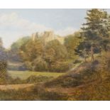 British school, Castle in woodland, oil on board, unsigned,