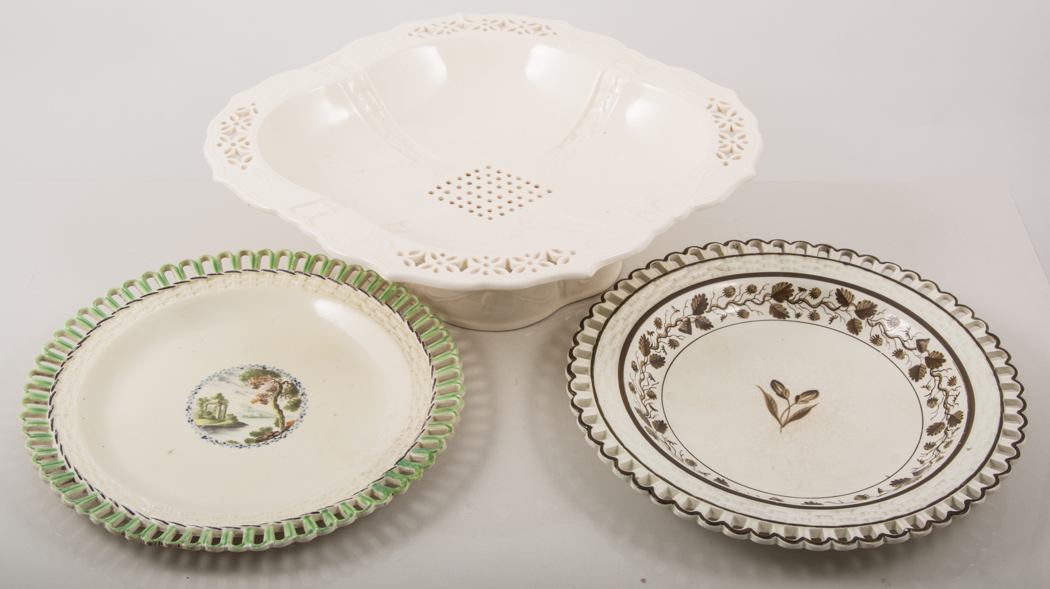 Small collection of Creamware, including pierced rimmed plate, dish, and pedestal dish,