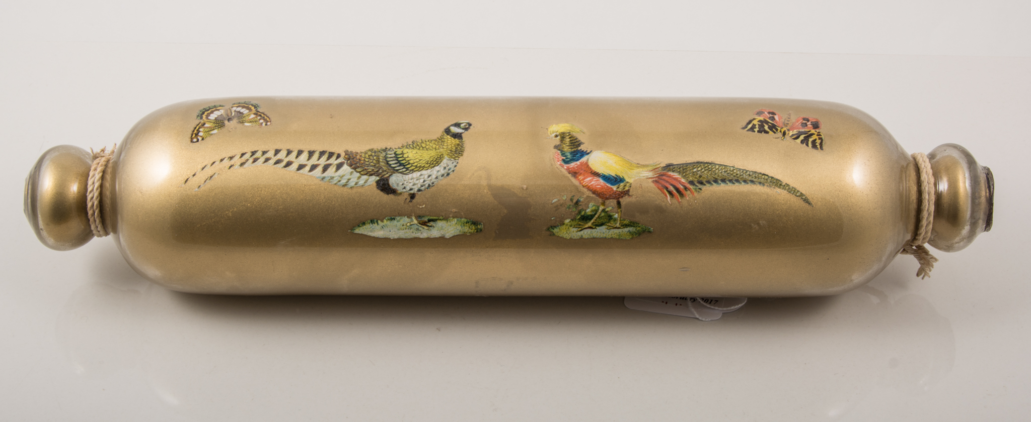 Regency gold-ground glass rolling pin, internally decorated with Amherst pheasants and butterflies,