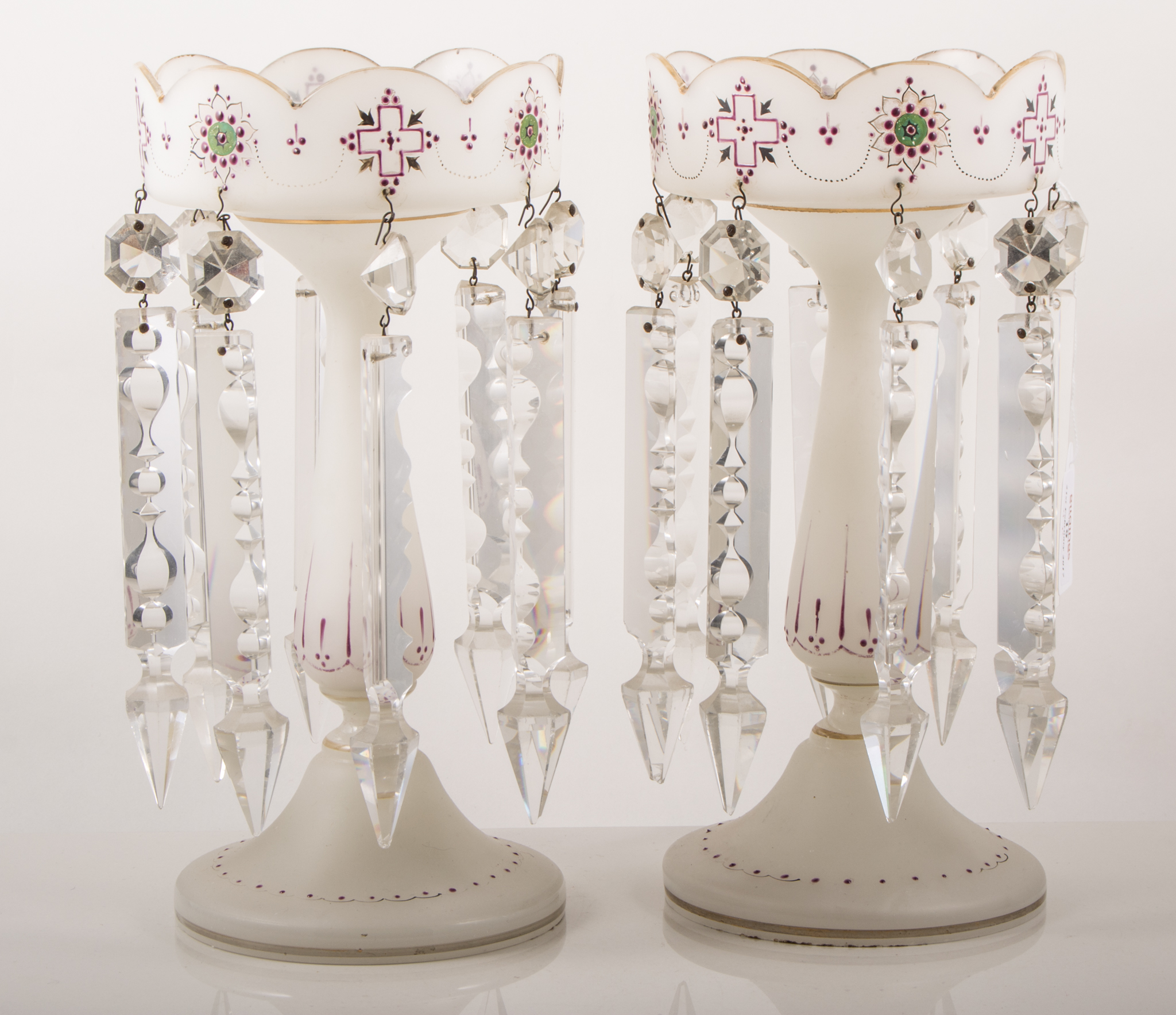Pair of Victorian opaque and enamelled glass lustres, with prismatic cut droplets, height 28cm.