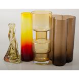 A collection of 1960s/1970s coloured glass vases and table lamps, large red glass bowl,