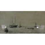Rowland Langmaid, "Shipping off the Coast", etching, signed in pencil, 16cm x 31cm.