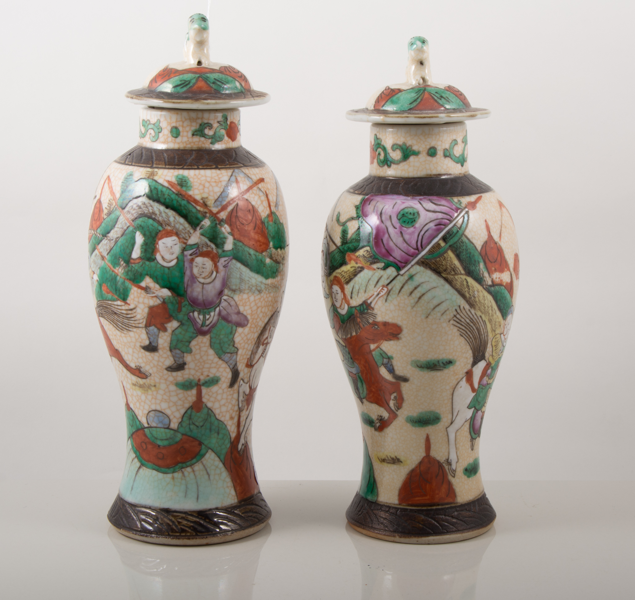 Pair of Japanese baluster vases with covers, late 19th century, craquelure body,