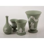 Wedgwood Green Jasperware beaker-shape vase, and a small collection of Wedgwood Green Jasperware.