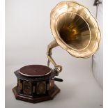 HMV style stained wood and painted gramophone, octagonal case, 32cm, with 'soundbox', and horn.