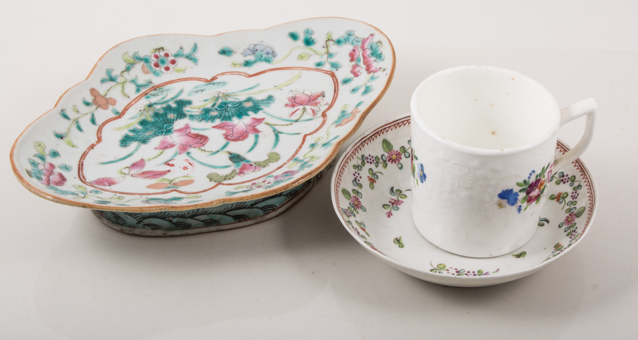 Dresden porcelain cup and saucer, together with six other assorted teawares and an Eastern dish (8).