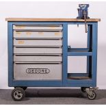 Metal framed workbench, with drawers, and vice, 97cm.