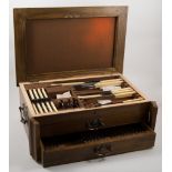 Oak cutlery box, hinged lid above two drawers, engraved plaque,