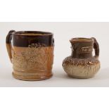 Fulham type stoneware mug, moulded decoration of hunting incidents, 11cm; and a stoneware jug,