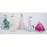 Royal Doulton china lady, Best Wishes, HN3971, 22cm, and four Coalport china ladies.