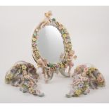 Dresden china table mirror, decorated with cherubs and flowers, 32cm, easel back,