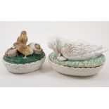 Pottery egg basket, modelled with hatching chicks, 17cm; a duck and gosling tureen lid,
