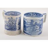 Staffordshire blue transfer ware mug, decorated with country house and parkland,