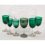 Lead crystal comport, diameter 23cm, and six various glasses with green tinted bowls.