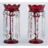 Pair of ruby glass lustre vases, with prismatic drops, height 32cm.