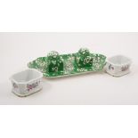 Crown Staffordshire desk stand, with two inkwells, decorated with flower and prunus on green ground,