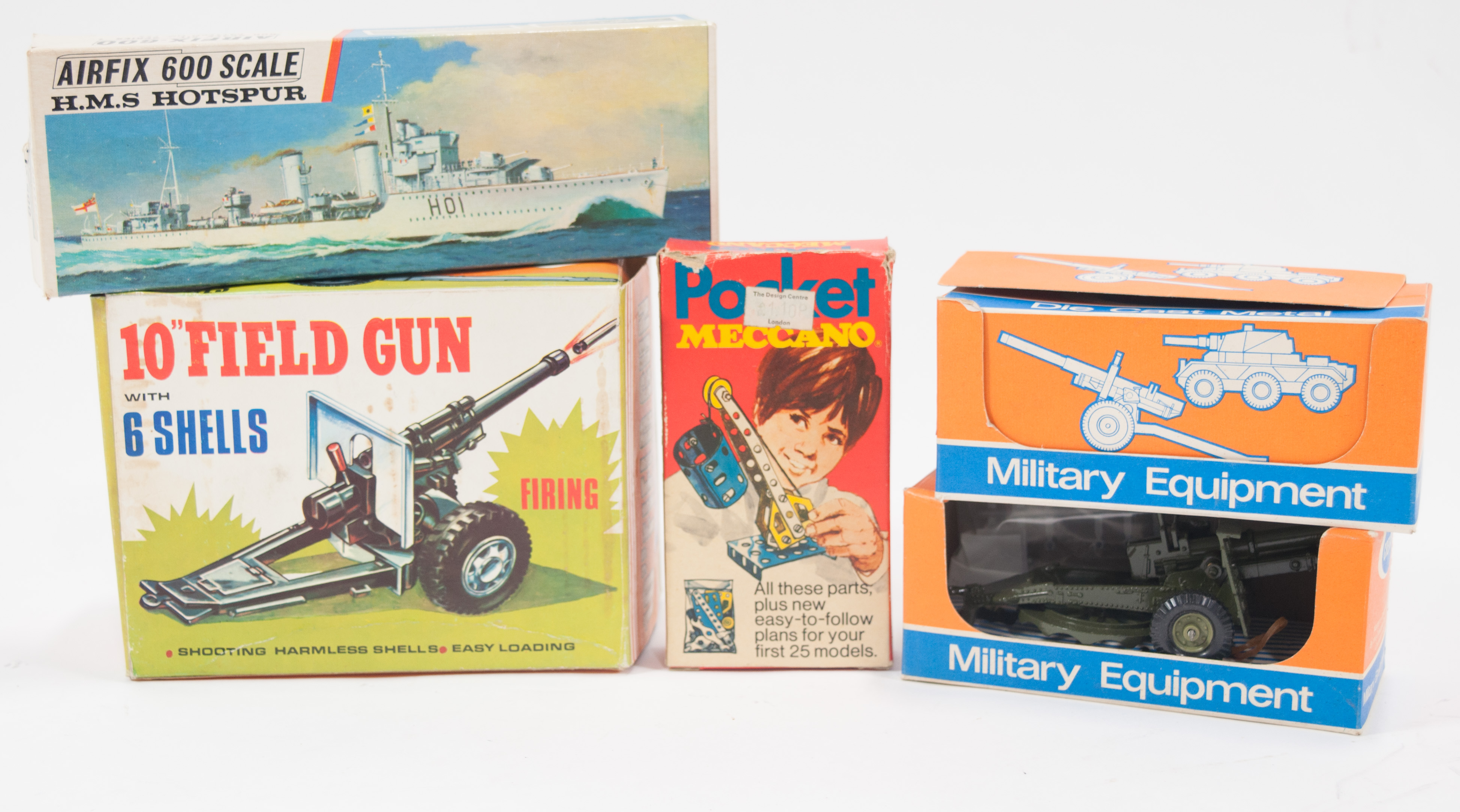 Two Crescent Toys diecast quick firing guns, boxed, Airfix HMS Hotspur, Pocket Meccano,