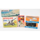 Two Crescent Toys diecast quick firing guns, boxed, Airfix HMS Hotspur, Pocket Meccano,