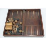 Draughts set, early 20th Century in age with draughts and latching wooden box that become the board,