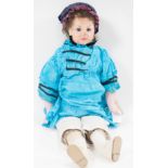 Early Composition headed doll c1880; glass fixed eyes, closed mouth, replacement arms and feet,