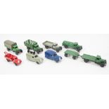 Dinky Toys, diecast trucks and wagons; covered wagon 25b, petrol wagon 25d, tipping wagon 25e,