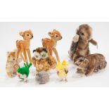 Steiff small plush animals, c1960s, deer (x2), owl, mouse, squirrel, two beavers and two birds, (9).