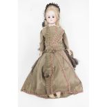 Possibly a Simon and Halbig small fashion doll; bisque head with fixed eyes, closed mouth,