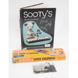Sooty Super Xylophone, boxed c1960s, with accompanying postcard signed by Harry Corbett,
