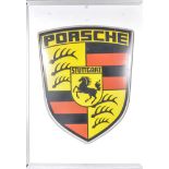 Original garage light up advertising sign "Porsche", 108cm by 78cm, plastic front with metal frame,