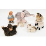 Steiff small plush animals, c1960, to include cat, rabbit, ram, mouse, pink elephant,