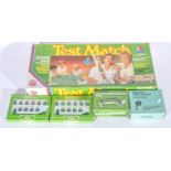 Subbuteo sets, Brazil and England teams, goal posts and cricket score board, all boxed,