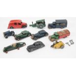 Triang Minic toys; tinplate vehicles, cars and trucks, including LNER express parcels service van,