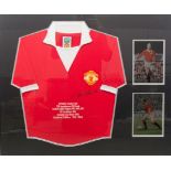Bobby Charlton signed football shirt, 80cm by 69cm, framed with photos and with certificate,