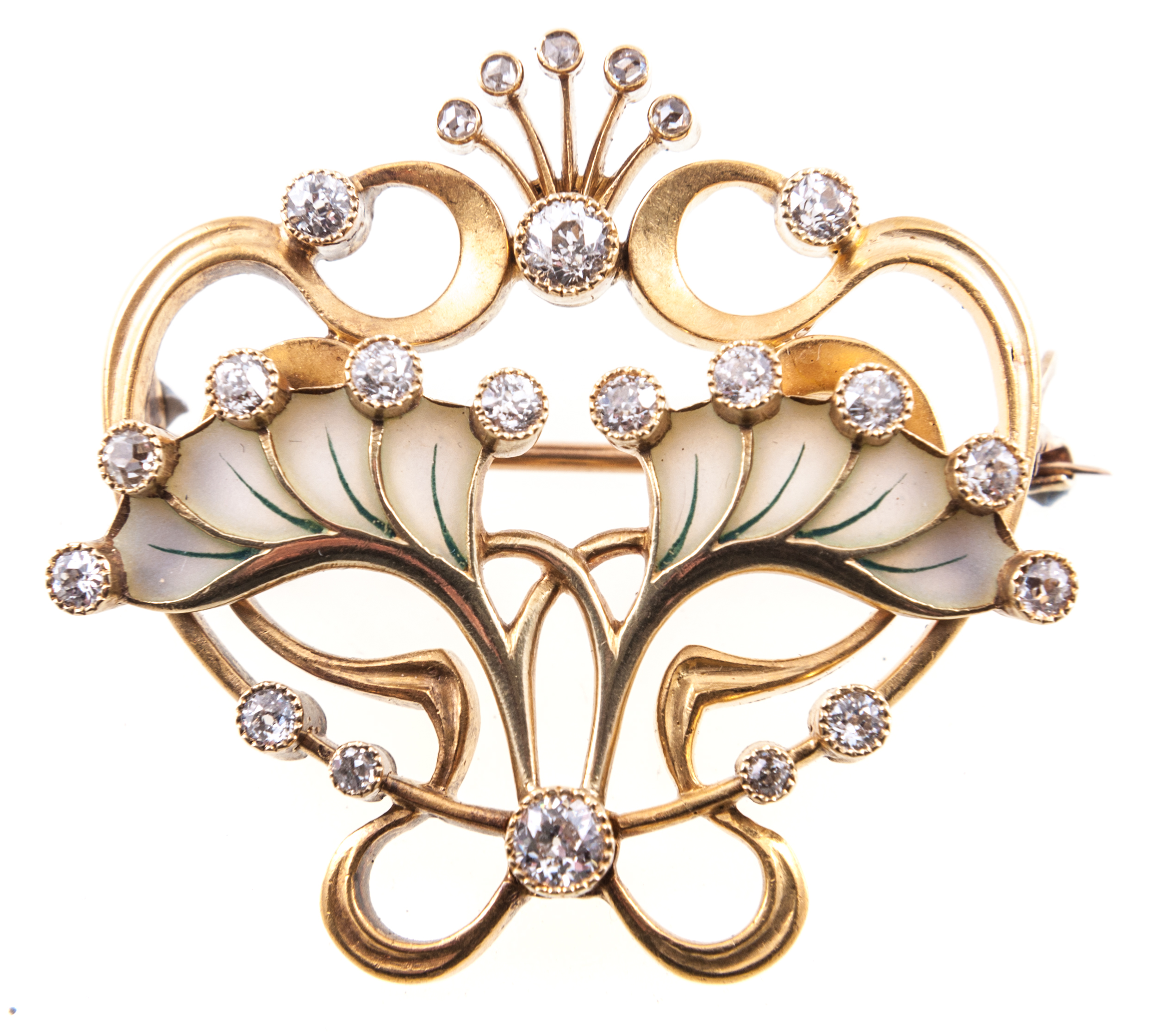 A diamond and enamel brooch in the Art Nouveau style,