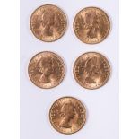 Five Queen Elizabeth II gold Sovereigns, 1966, 1966, 1967, 1968, 1968, (5).