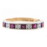 A ruby and diamond half eternity ring, four brilliant cut diamonds and five square cut rubies,