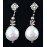 A pair of diamond and freshwater pearl earrings,