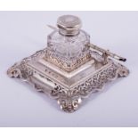 A Victorian square-shape silver desk stand, by Charles and George Fox, London 1860,