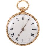 An 18 carat yellow gold open face pocket watch, plain cream enamel dial with a Roman numeral dial,