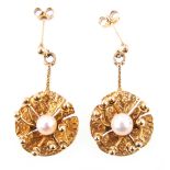 A pair of 9 carat yellow gold cultured pearl drop earrings,