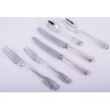 A matched part canteen of fiddle and thread pattern silver cutlery, comprising: two table spoons,