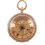 An 18 carat yellow gold open face pocket watch, gold coloured Roman numeral dial, scroll,