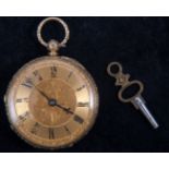 A small 18 carat yellow gold open face pocket watch, gold coloured Roman numeral dial,